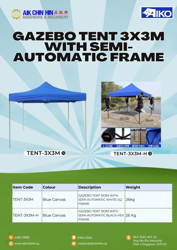 Aiko Gazebo Tent 3X3m With Semi-Automatic Black Hex Frame (Blue / Red Canvas) | Model: TENT-3X3M-H / TENT-3X3M-HD - Image 2