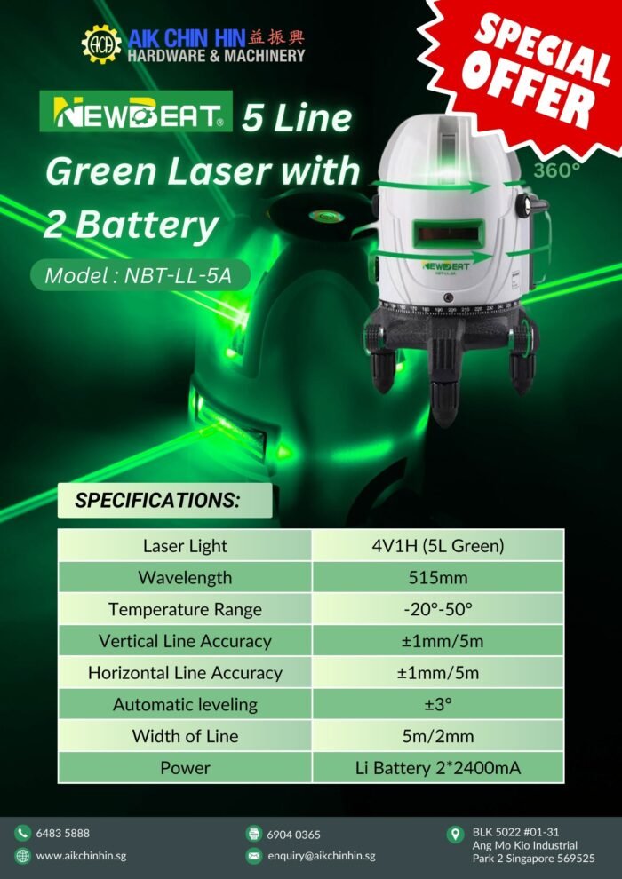 NEWBEAT 5 Line Green Laser Level with 2 Battery  | Model : NBT-LL-5A - Image 2