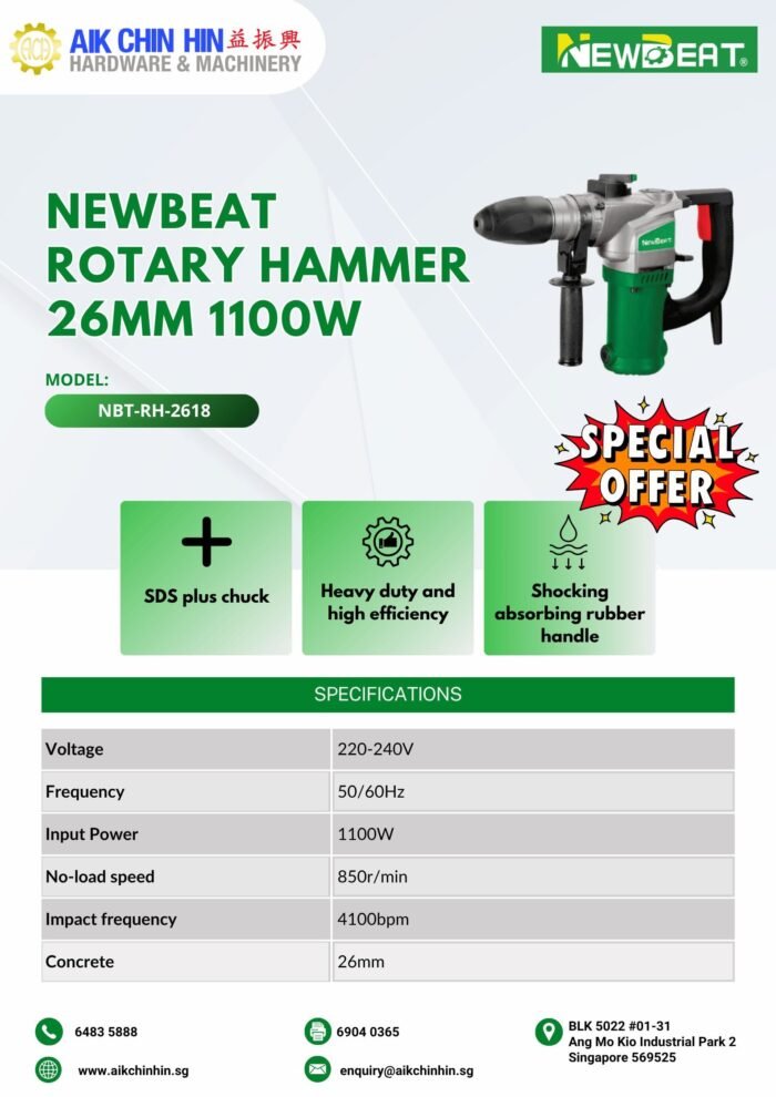 Newbeat Rotary Hammer 26mm 1100W | Model: NBT-RH-2618 - Image 2